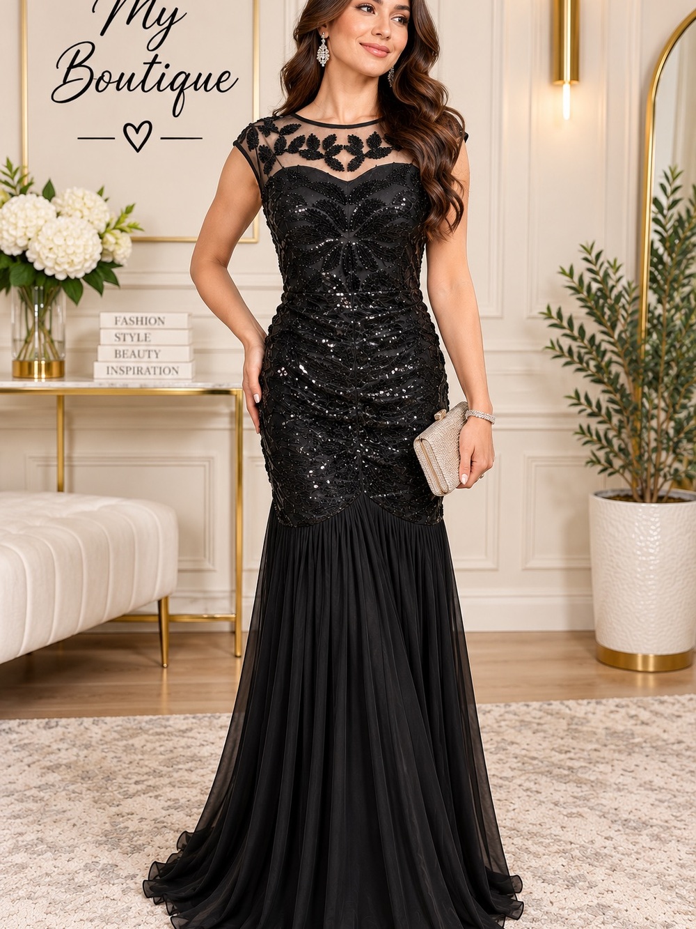 Retro Stage 1920s Black Sequin Mermaid Evening Gown Size Small NWT